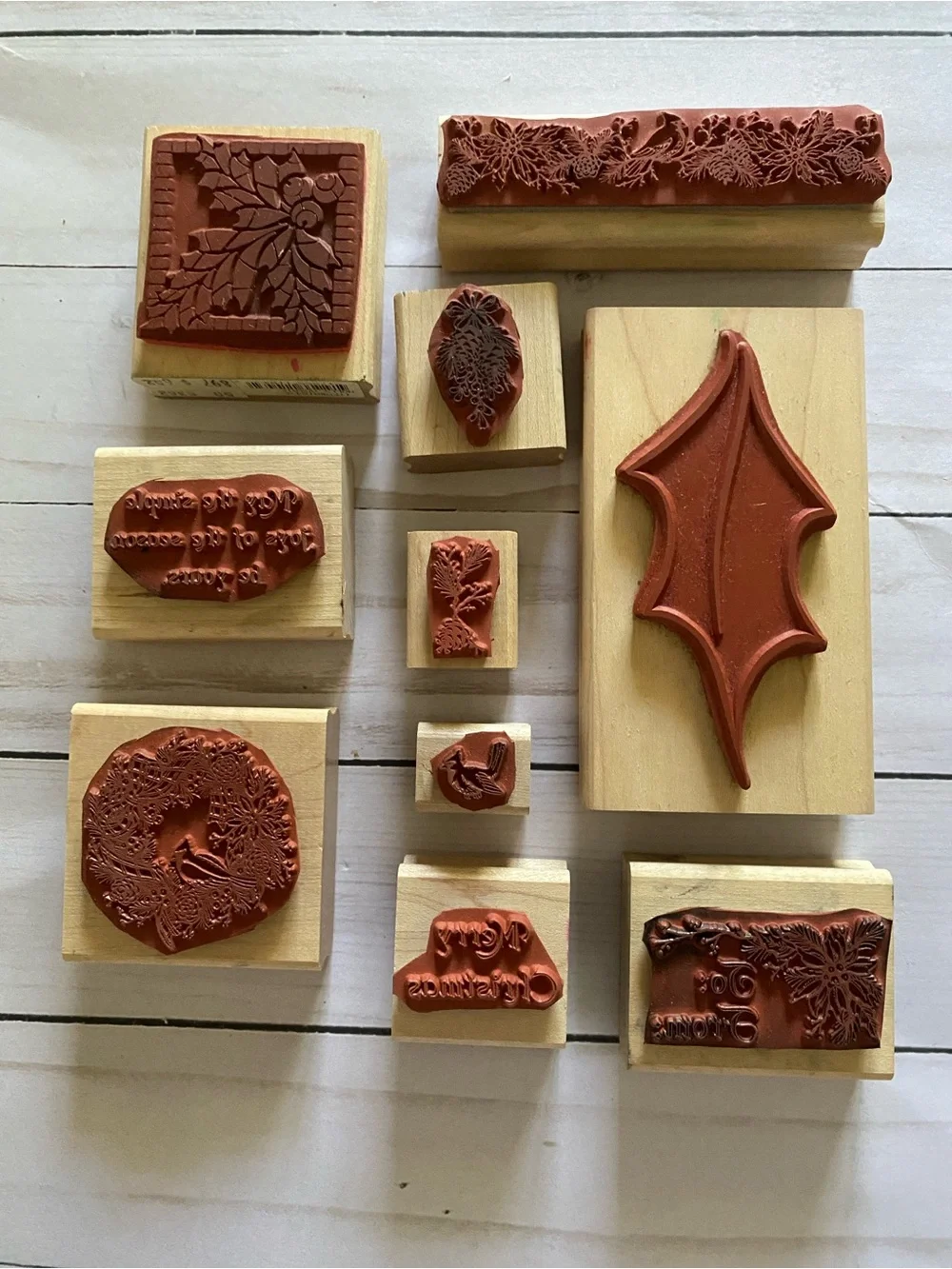 10 pc Lot Wood Mounted Rubber Stamps Christmas/Holiday Theme